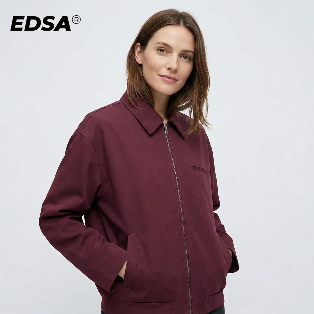 EDSA Women Vintage Loose Zipper Jacket Lapel Burgundy Color Jacket New 2024 Autumn Fashion Versatile Street Outwear Jacket